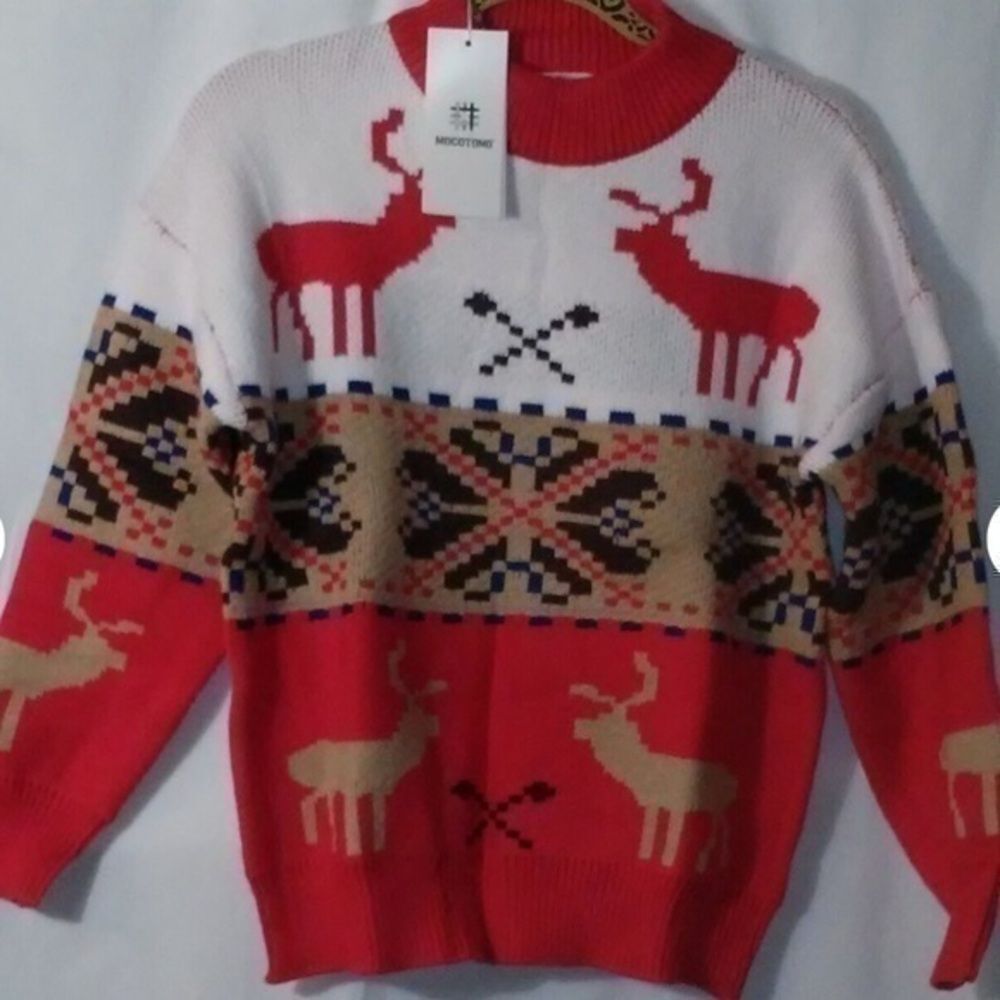 Mocotono Christmas Holiday Reindeer Geometric Crewneck Thick Sweater L